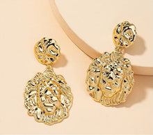 Load image into Gallery viewer, Ladies Gold Plated Silver Geometric Metal Lion Head Dangle Bold Earring
