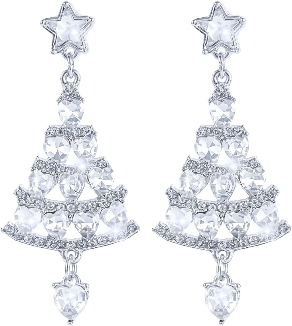 Ladies Silver Shiny Rhinestone Hollow Christmas Tree Festive Dangle Earrings