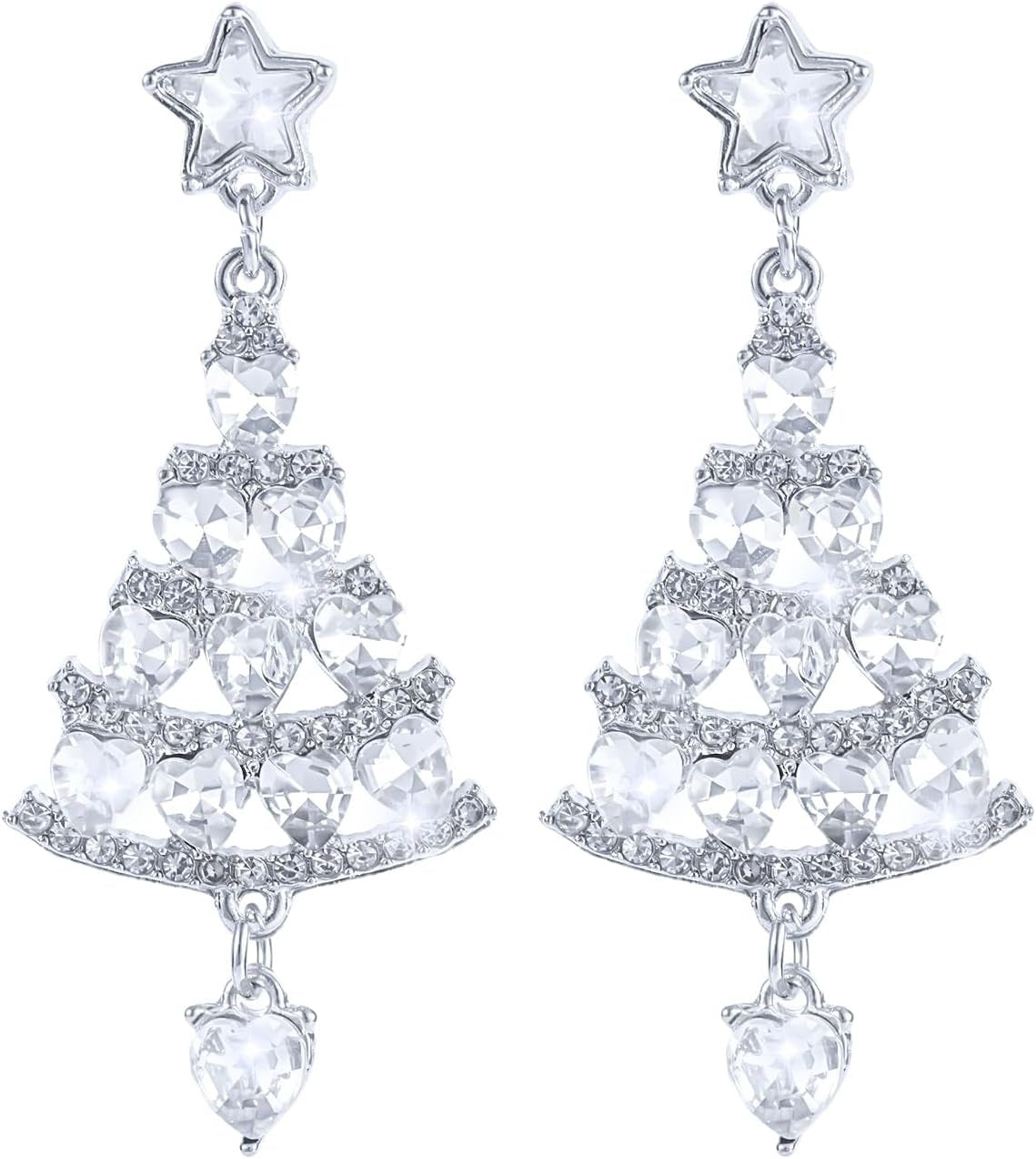 Ladies Silver Shiny Rhinestone Hollow Christmas Tree Festive Dangle Earrings