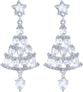 Ladies Silver Shiny Rhinestone Hollow Christmas Tree Festive Dangle Earrings