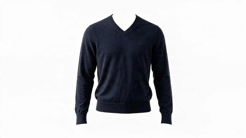 Mens Navy Sacoor Ribbed V Neck Lambswool Blend Pullover Long Sleeve Jumper (L)
