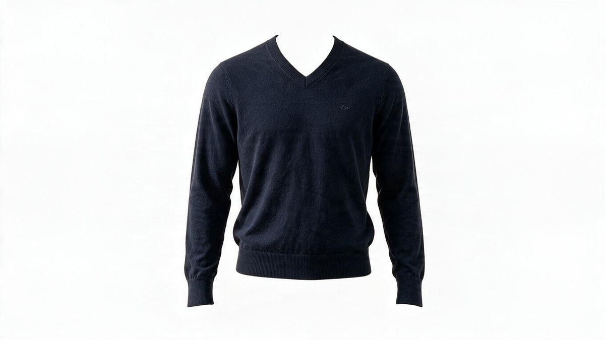 Mens Navy Sacoor Ribbed V Neck Lambswool Blend Pullover Long Sleeve Jumper (L)