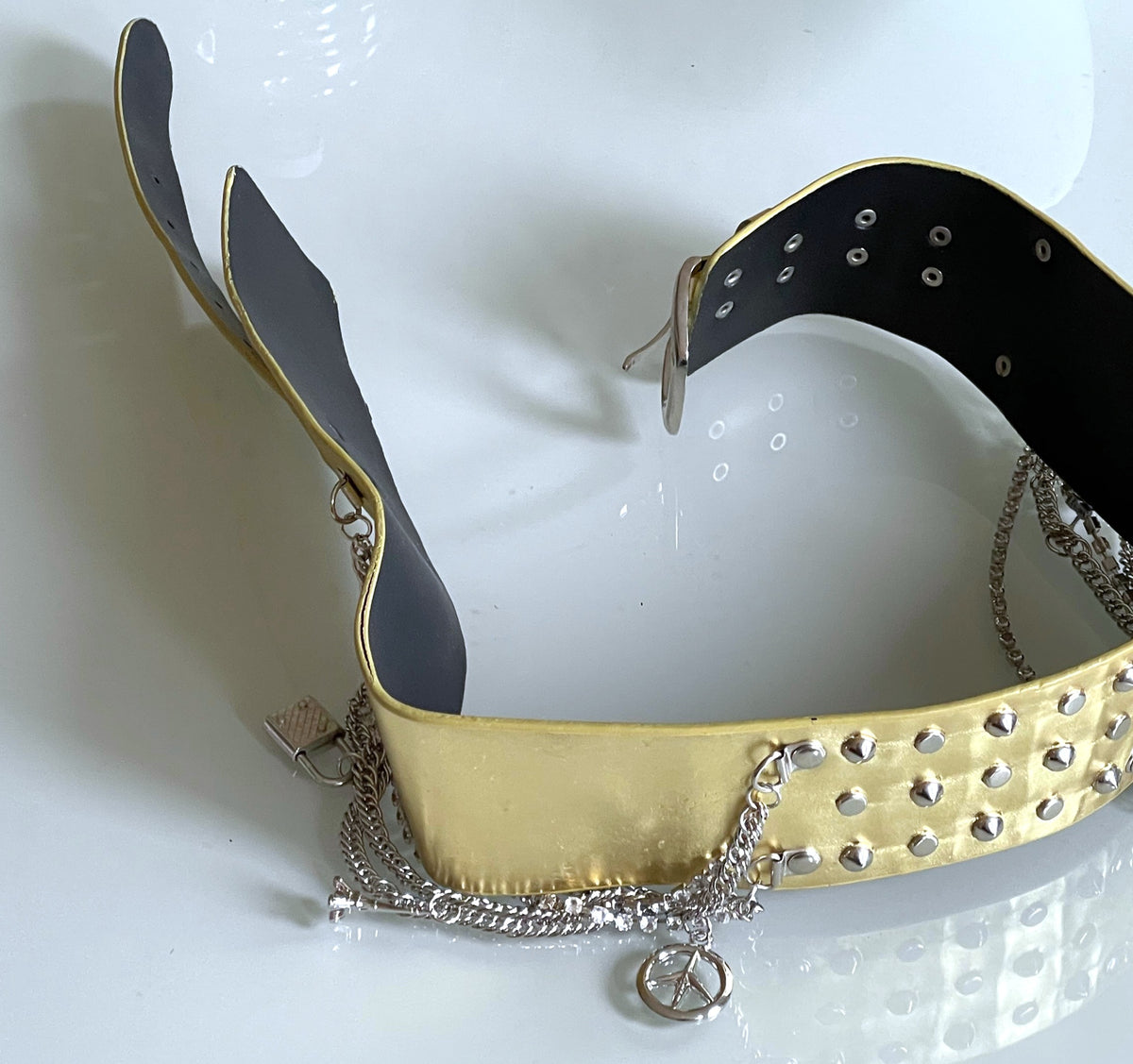 Ladies Gold Classic Wide Faux Leather Metallic Studded & Drop Chain Crystal Belt