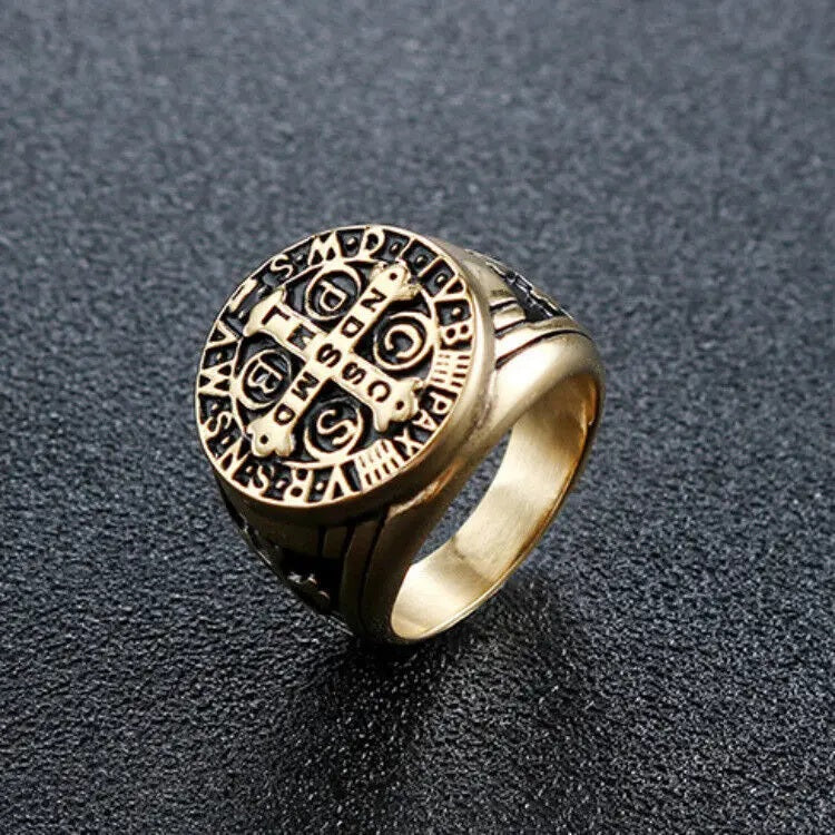 Mens Gold Plated Cross Faith Stainless Steel Protection Chunky Signet Gents Ring