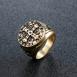 Mens Gold Plated Cross Faith Stainless Steel Protection Chunky Signet Gents Ring