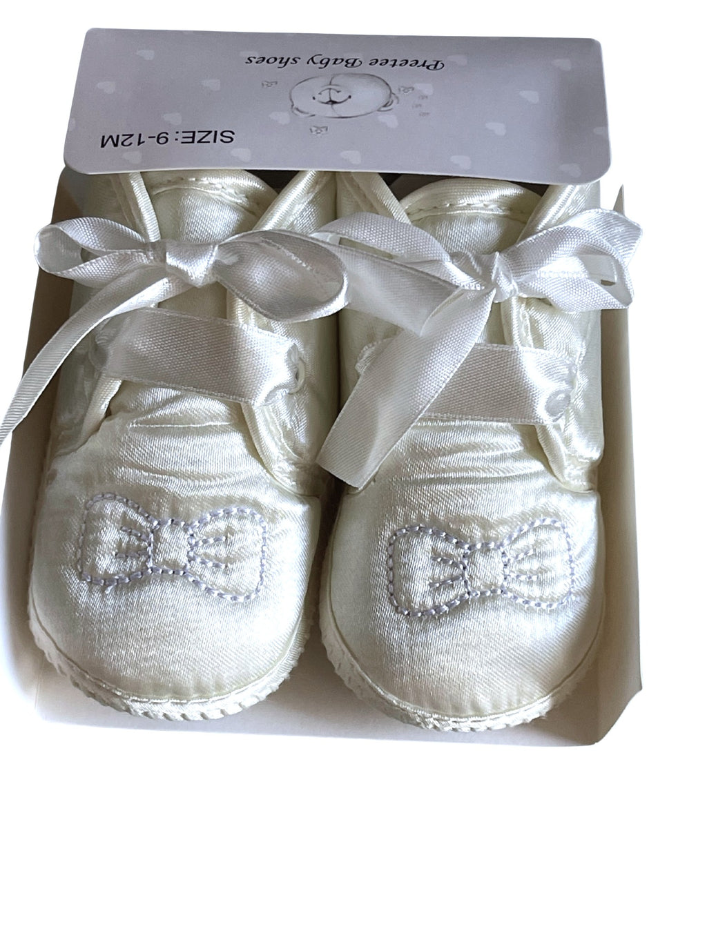 Baby Unisex Ivory Bow Tie Ribbon Christening Baptism Satin Soft Footie Pram Shoe