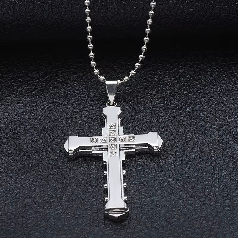 Ladies Mens Unisex Inlaid Crystal Cross Pendant Silver Long Link Chain Necklace