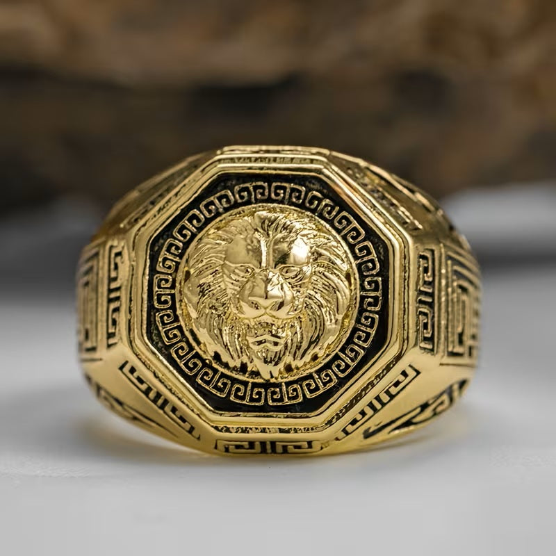 Mens Gold Plated Octagon Lion Head Great Wall Cut Design Stainless Steel Ring