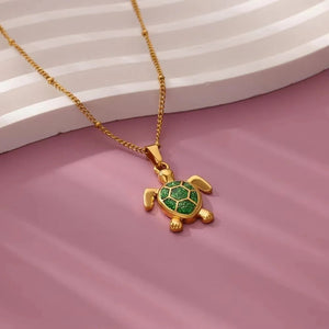 Unisex Gold Plated Opal Stone Cute Stainless Steel Turtle Pendant Chain Necklace