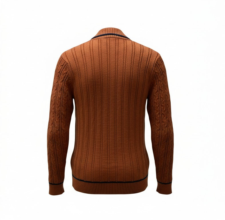 Mens Burnt Orange Black Trim Ribbed Shawl Collar Cable Knit Longsleeve Jumper