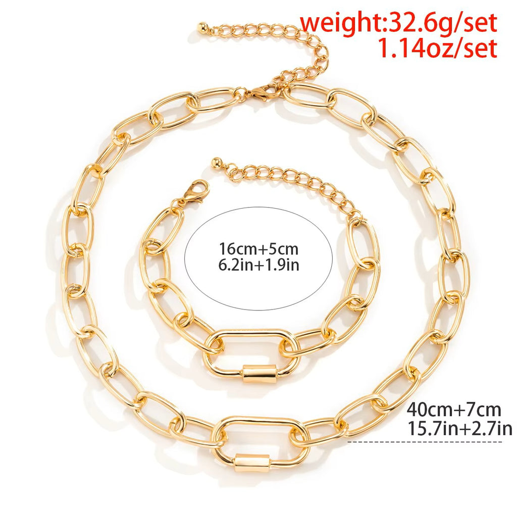 Ladies Gold Plated Rectangle Cuban Link Chain Chunky Necklace & Bracelet Sets