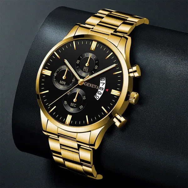 Men Geneva Luxury Black Gold Stainless Steel Calendar Analog Quartz Wrist Watch