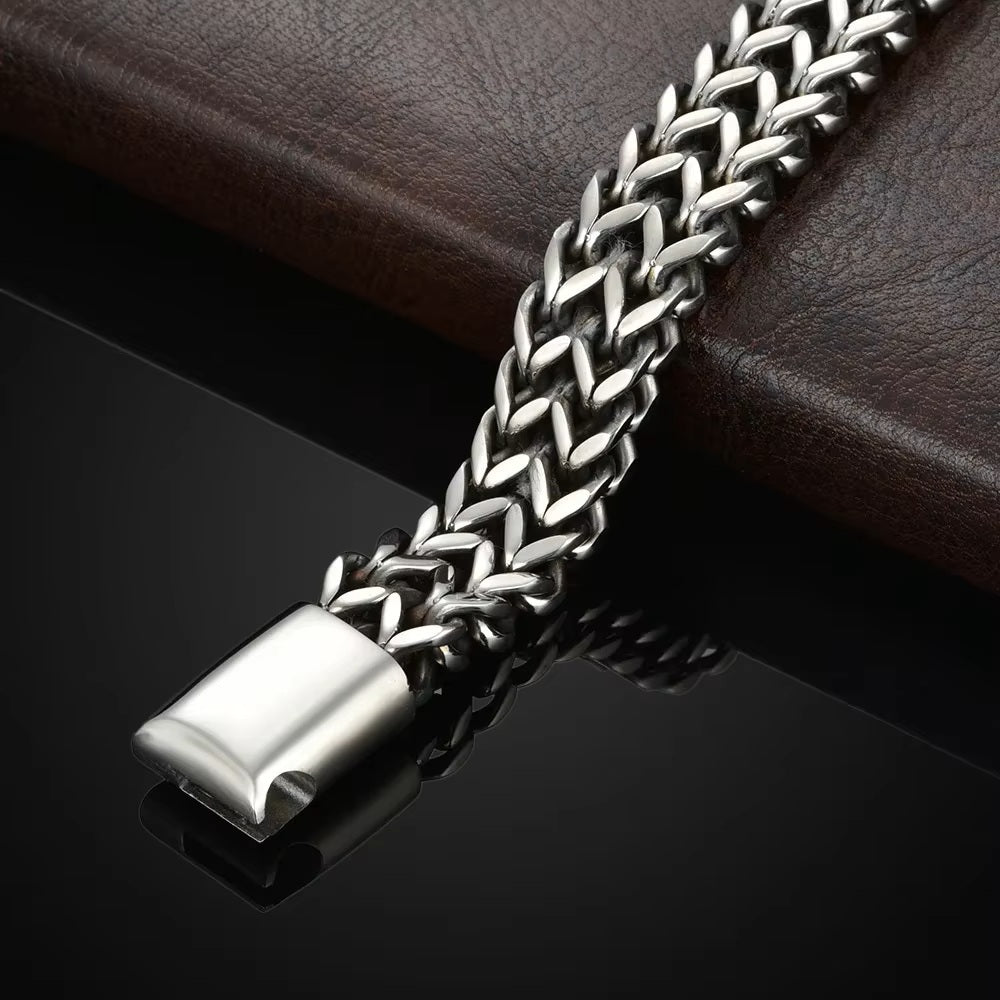 Mens Silver Stainless Steel Double Row Braid Magnetic Buckle Bracelets