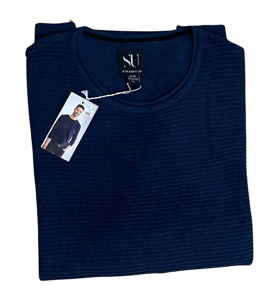 Mens Navy Blue Straight Up Soft Knit Cotton Blend Crew Ribbed Longsleeve Jumper