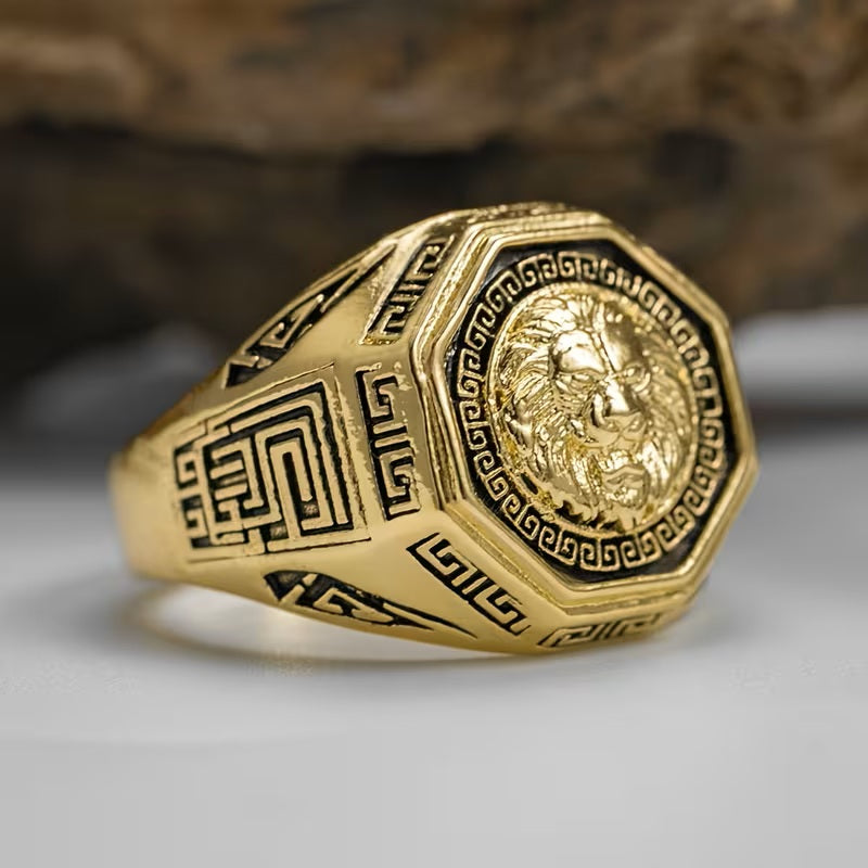 Mens Gold Plated Octagon Lion Head Great Wall Cut Design Stainless Steel Ring