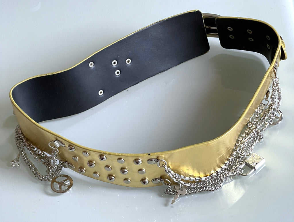 Ladies Gold Classic Wide Faux Leather Metallic Studded & Drop Chain Crystal Belt