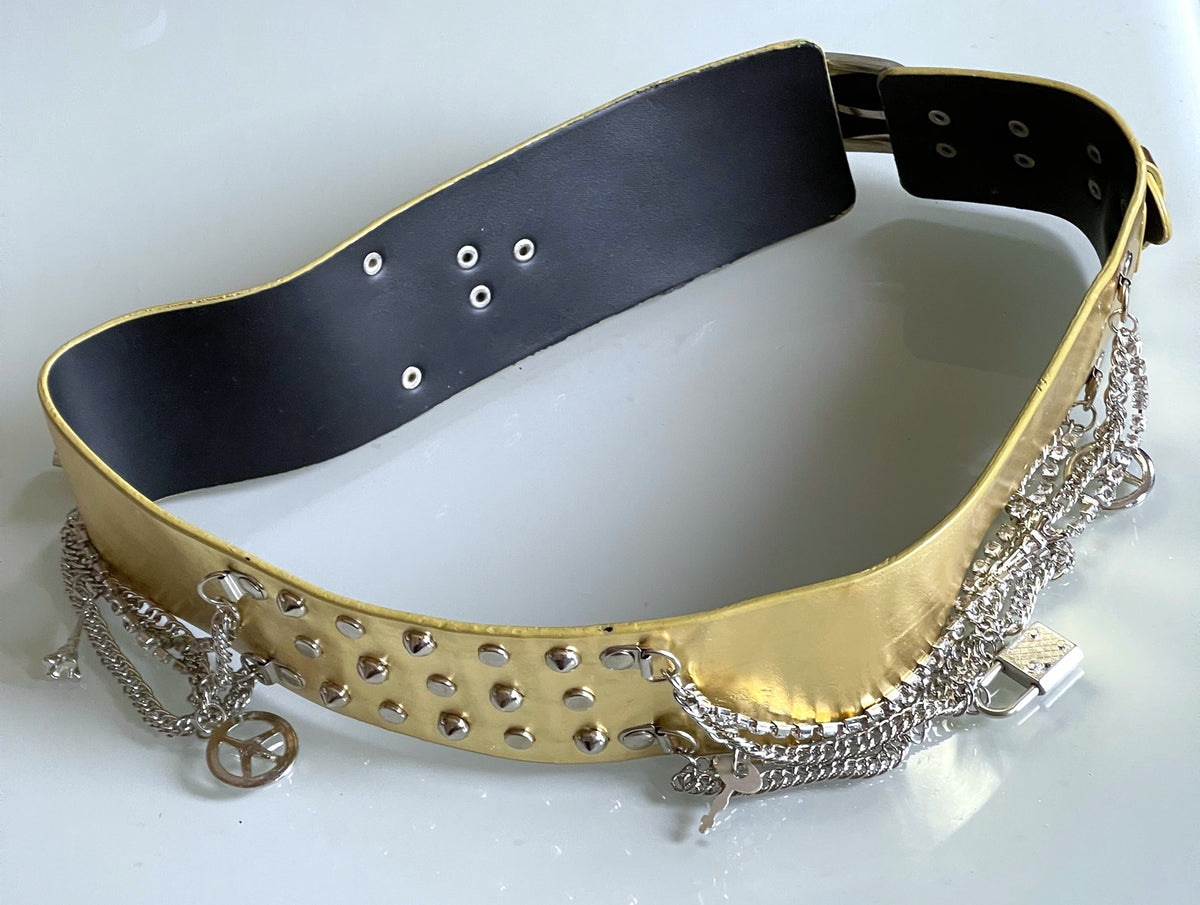 Ladies Gold Classic Wide Faux Leather Metallic Studded & Drop Chain Crystal Belt