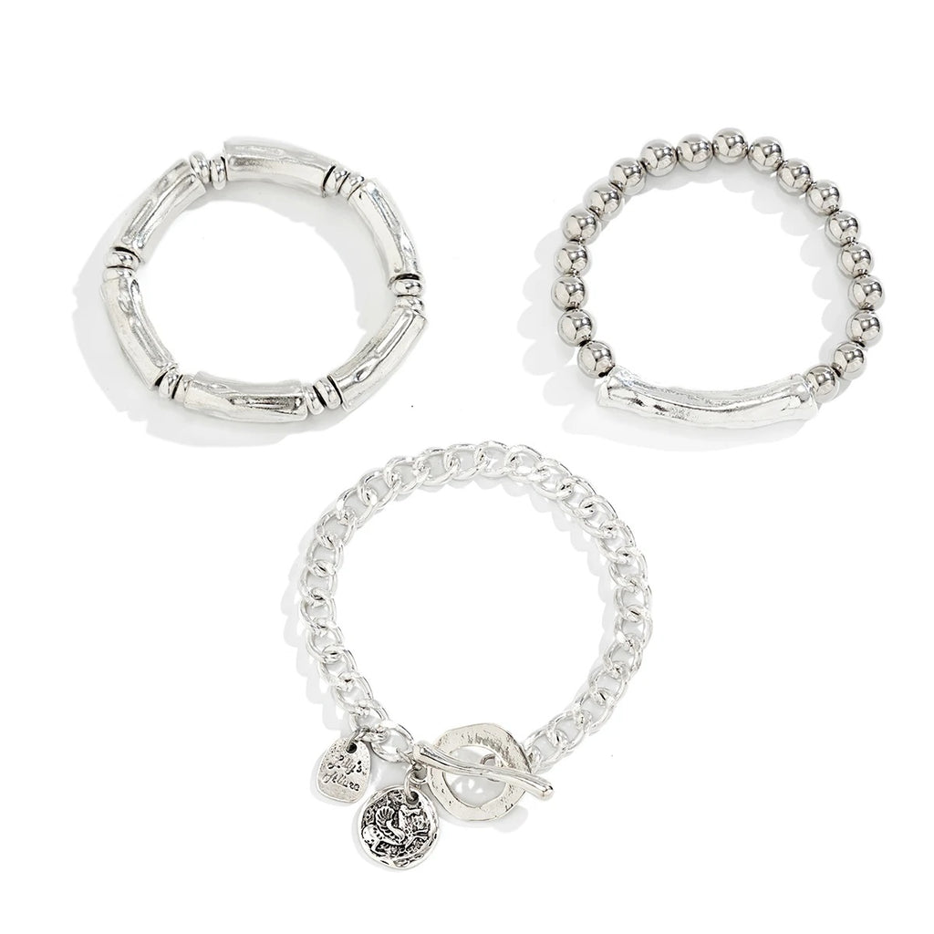 Ladies Silver Plated Chunky Round Charm 3 Set Stackable Handchan Bracelet