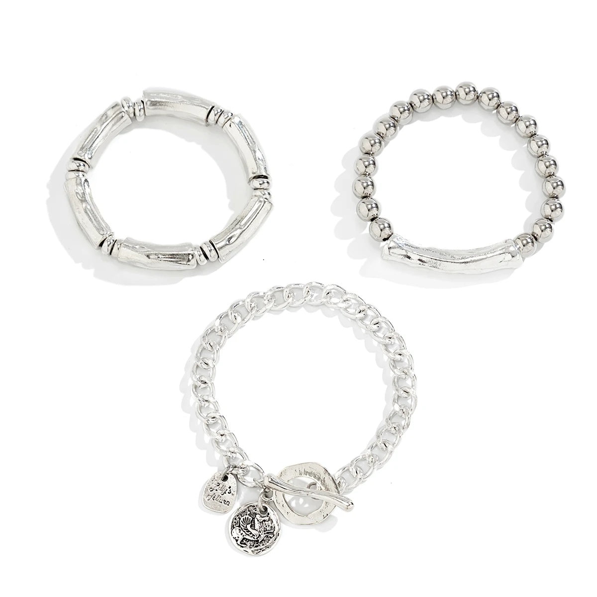 Ladies Silver Plated Chunky Round Charm 3 Set Stackable Handchan Bracelet