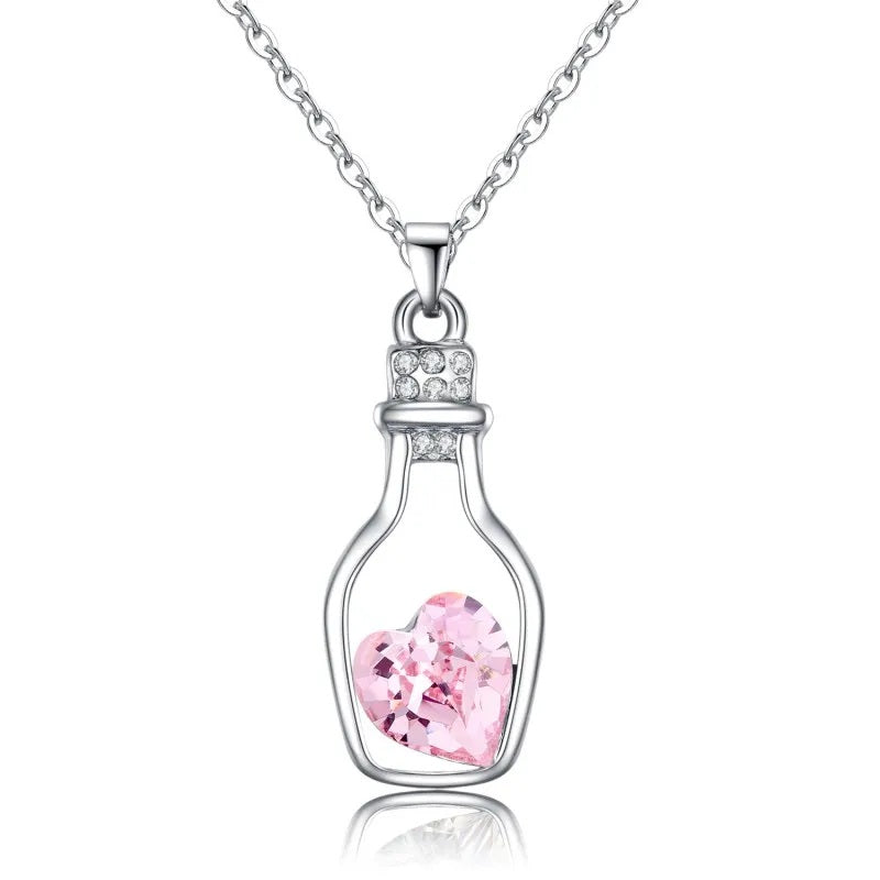Ladies Silver Pink Blue Heart Crystal Drift Bottle Pendant Link Chain Necklaces