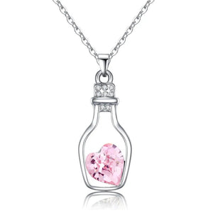 Ladies Silver Pink Blue Heart Crystal Drift Bottle Pendant Link Chain Necklaces
