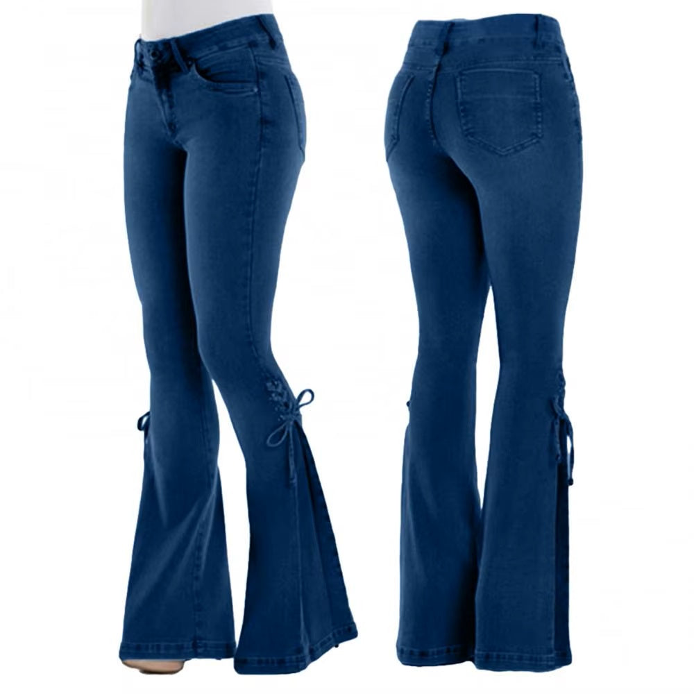Ladies High Waist Stretchy Flare Hem Side Tie Jeans