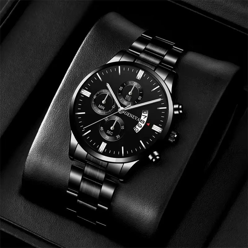Mens Geneva Black Silver Stainless Steel Quartz Dial Analog Calendar Wrist Watch