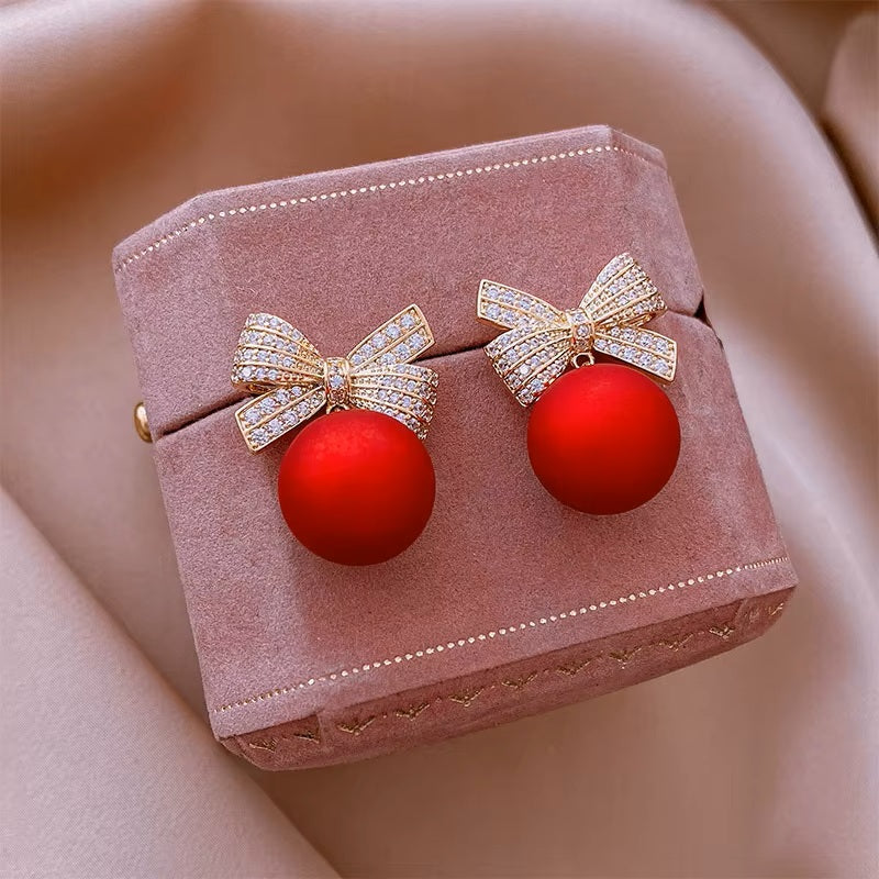 Ladies Stunning Red Ball Bow Knot Crystal Drop Womens Stud Hook Earrings
