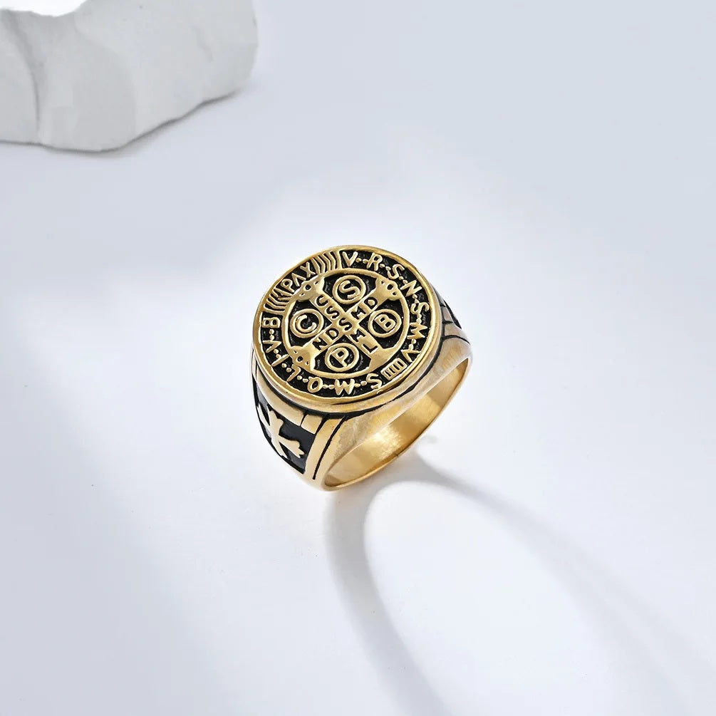 Mens Gold Plated Cross Faith Stainless Steel Protection Chunky Signet Gents Ring