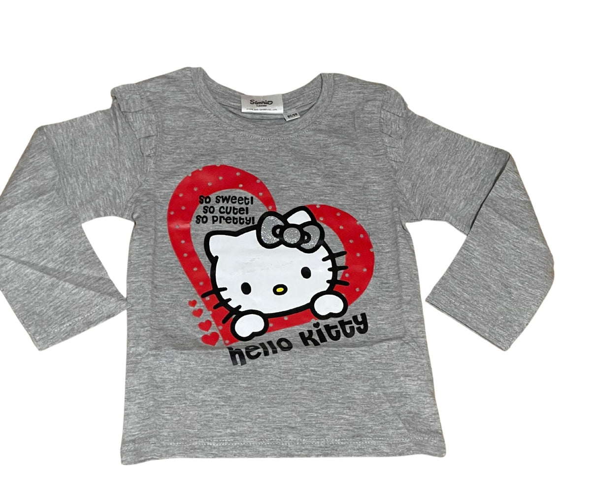 Girls Hello Kitty Pink Grey Cotton Frill Shoulder Long sleeve Casual Blouse Tops