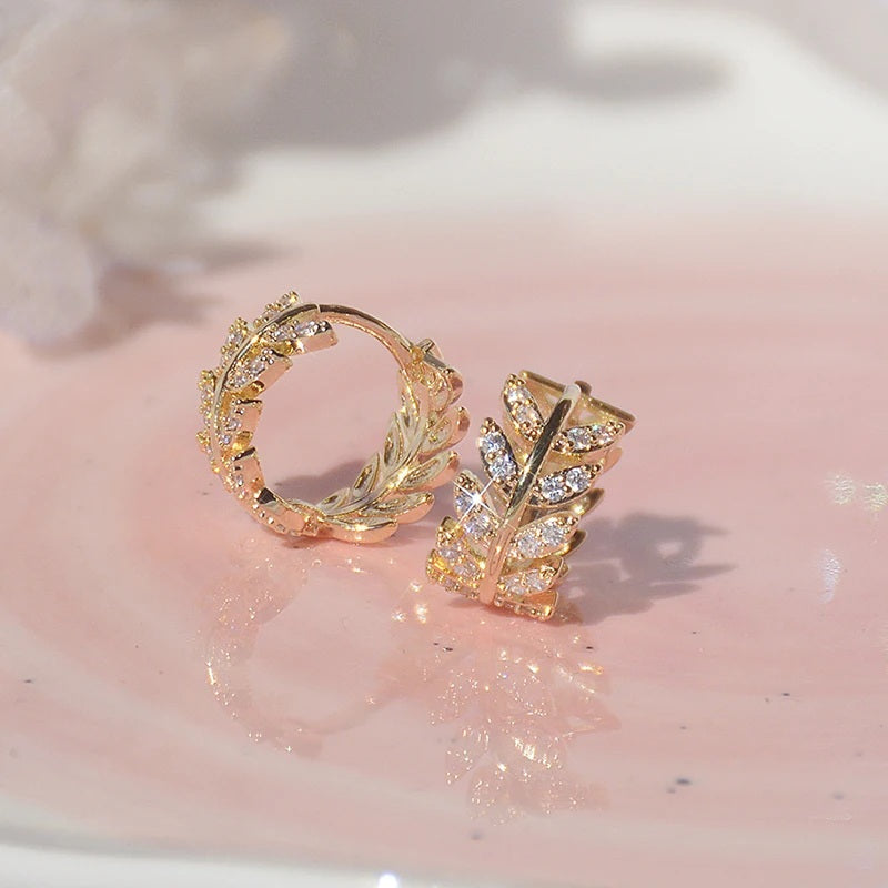 Ladies Gold Plated Crystal Leafy Cut Small Hoop Fashion Earrings