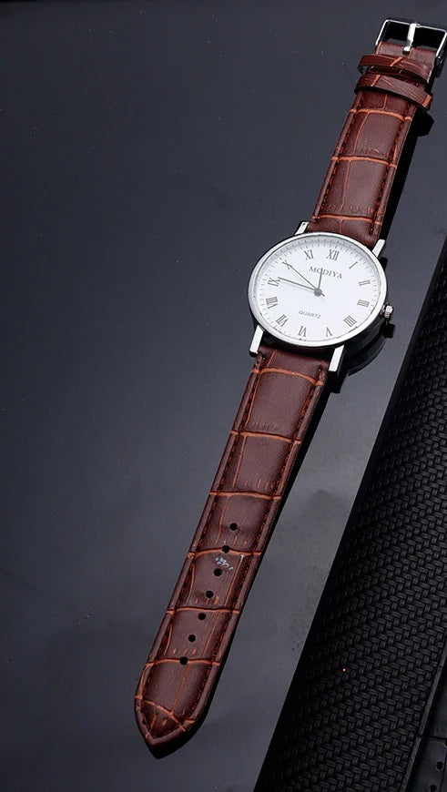 Mens Luxury Leather Strap Quartz Analog Stainless Steel Pin Buckle Wrist Watch (A)