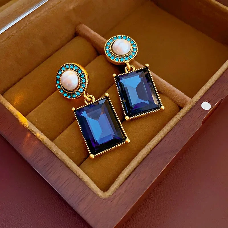Ladies Blue Green Square Crystals Bead Dangling Drop Earrings