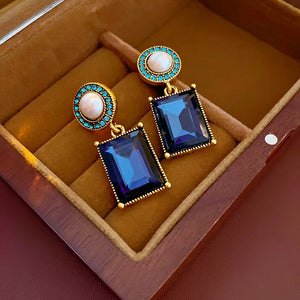 Ladies Blue Green Square Crystals Bead Dangling Drop Earrings