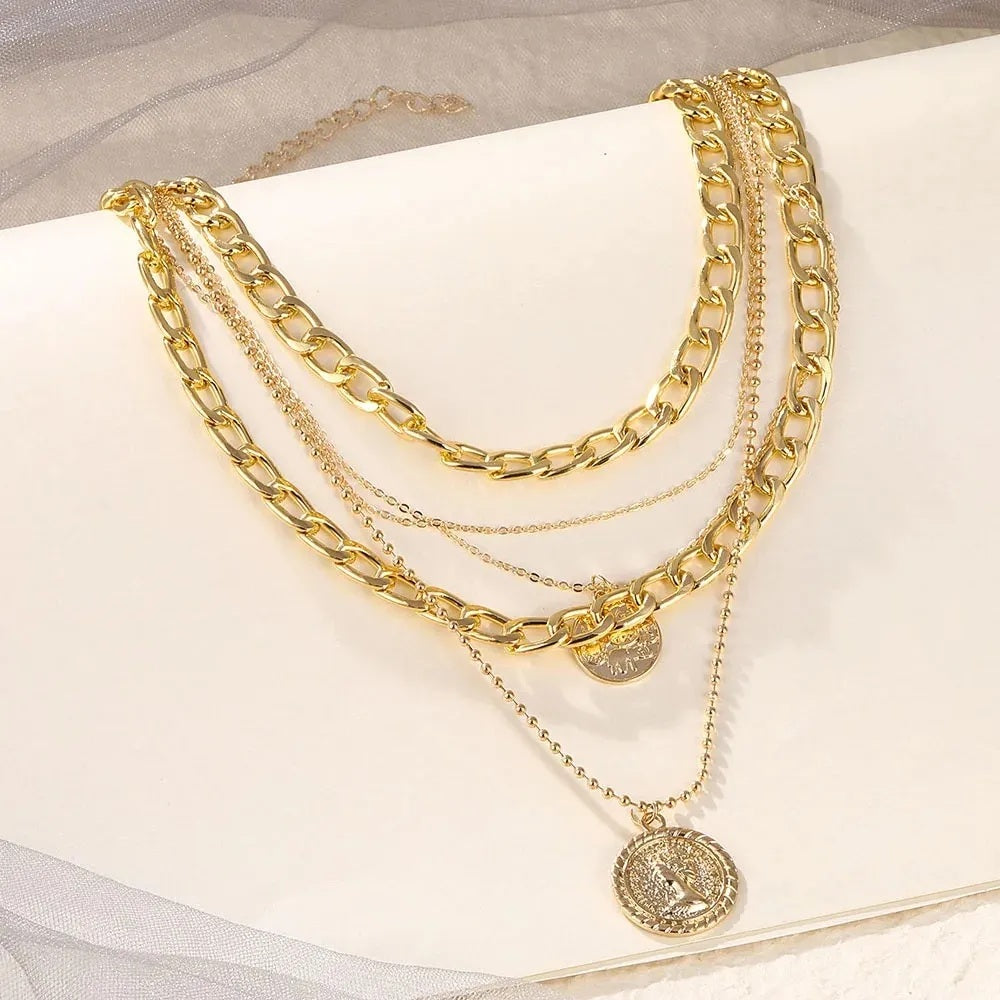 Ladies Gold Plated Thick Link Thin Chain 5Pce Multi Layer Coin Pendant Necklace