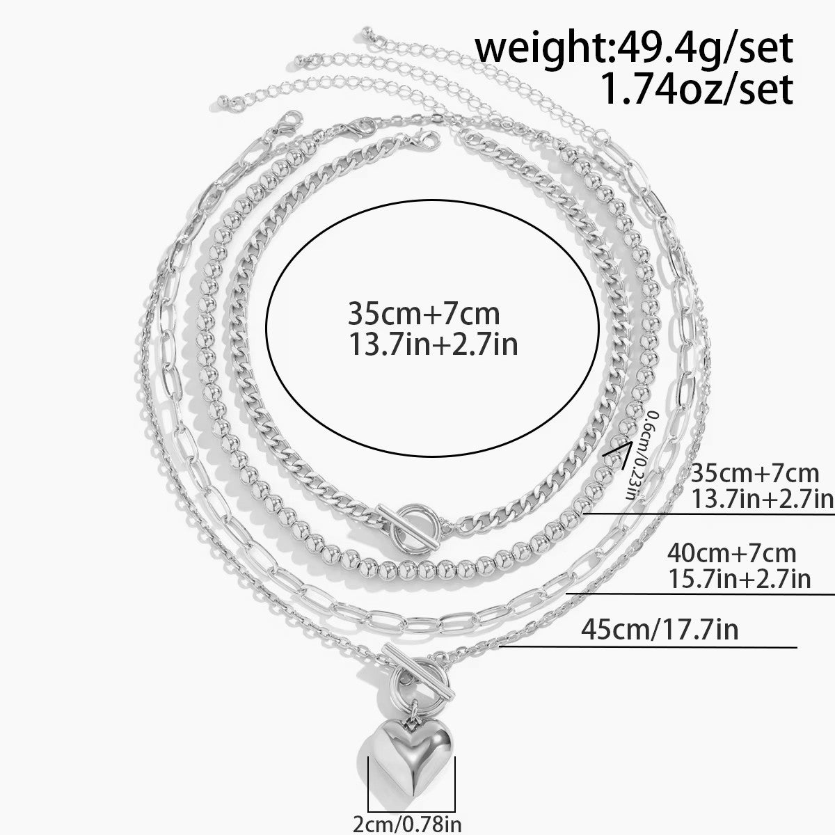 Ladies Silver 4 Tier Multi Layer Beaded Heart Pendant Cuban Link Choker Necklace