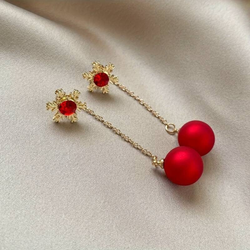Ladies Sparkling Red Crystal Snowflake Ball Drop Dangle Stud Earrings