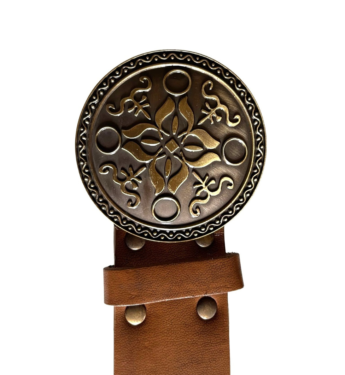 Ladies Brown Faux Leather Round Brass Metal Hook Buckle Plus Money Pouch Belts