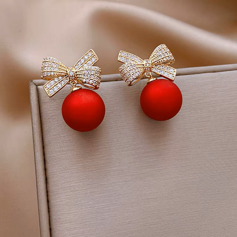 Ladies Stunning Red Ball Bow Knot Crystal Drop Womens Stud Hook Earrings