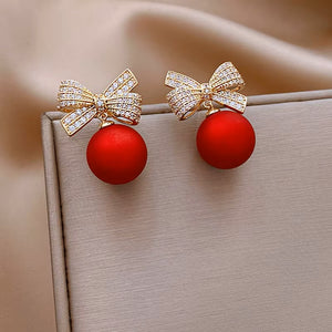 Ladies Stunning Red Ball Bow Knot Crystal Drop Womens Stud Hook Earrings