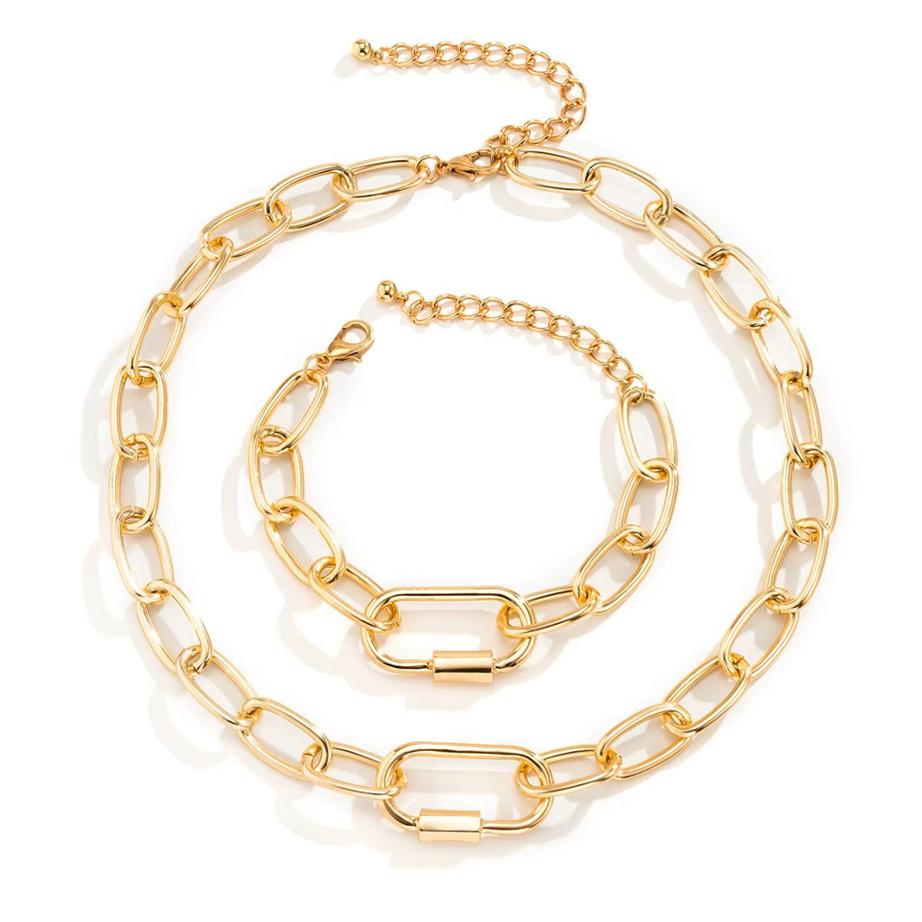 Ladies Gold Plated Rectangle Cuban Link Chain Chunky Necklace & Bracelet Sets