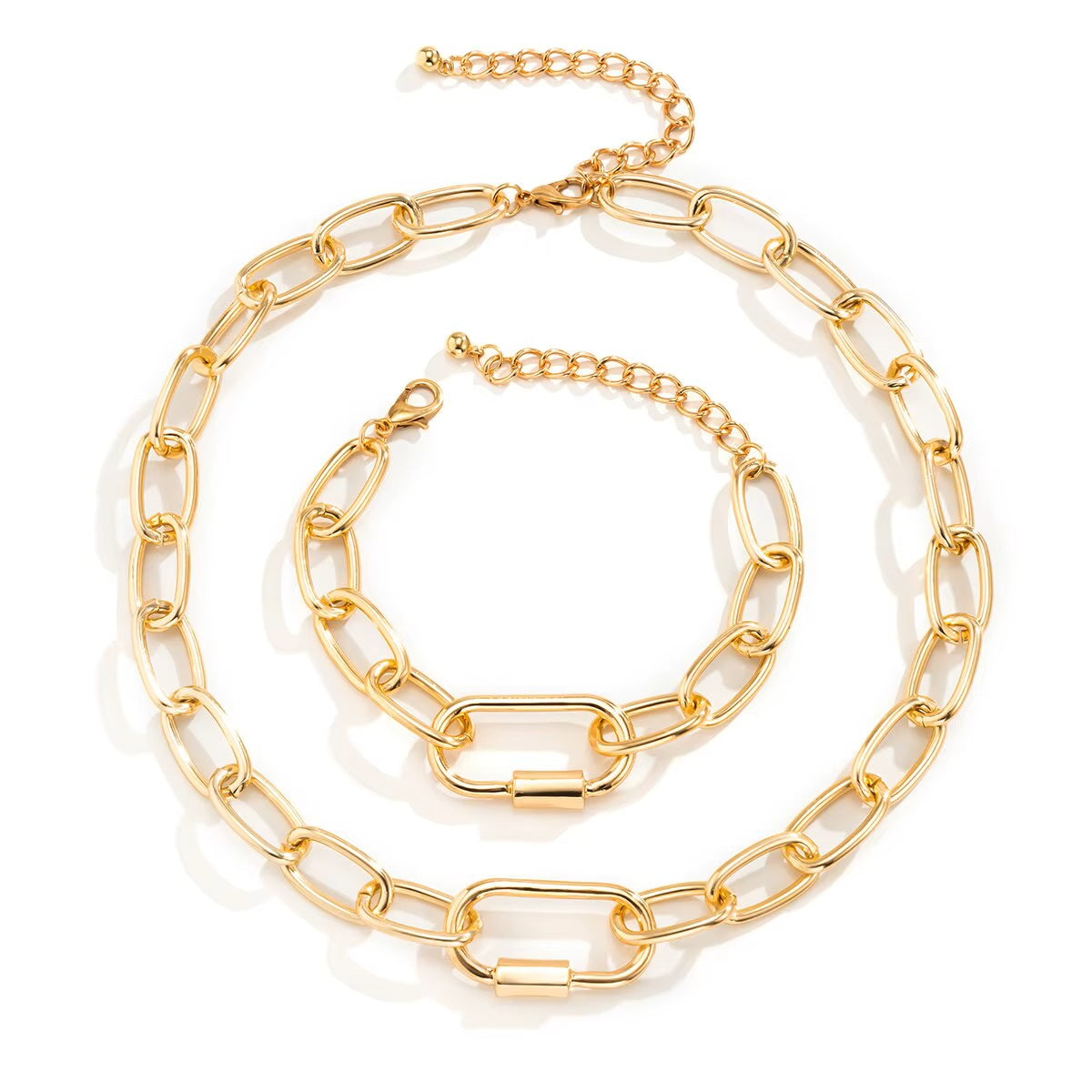 Ladies Gold Plated Rectangle Cuban Link Chain Chunky Necklace & Bracelet Sets