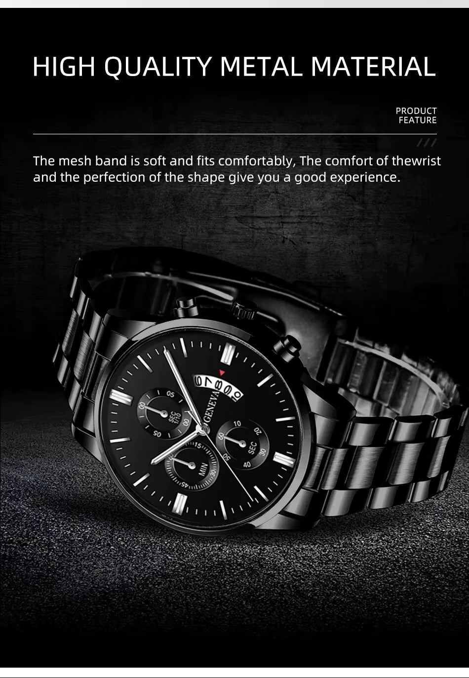 Mens Geneva Black Silver Stainless Steel Quartz Dial Analog Calendar Wrist Watch