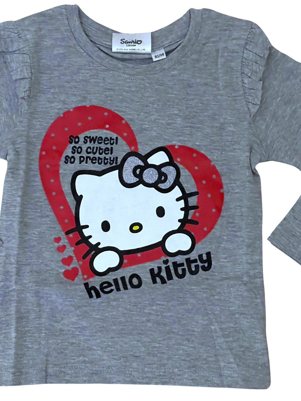Girls Hello Kitty Pink Grey Cotton Frill Shoulder Long sleeve Casual Blouse Tops