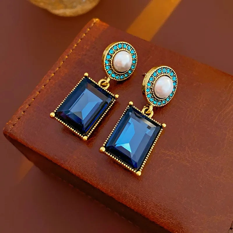 Ladies Blue Green Square Crystals Bead Dangling Drop Earrings