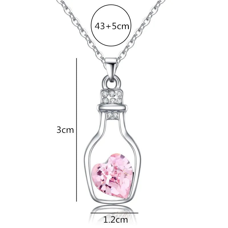 Ladies Silver Pink Blue Heart Crystal Drift Bottle Pendant Link Chain Necklaces