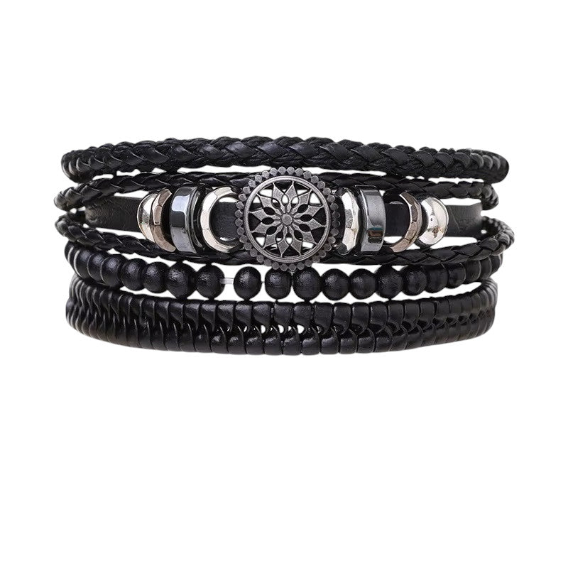 Mens Black 4Pcs Set Braided Bead Wrap Adjustable Leather Bracelets
