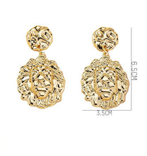 Load image into Gallery viewer, Ladies Gold Plated Silver Geometric Metal Lion Head Dangle Bold Earring
