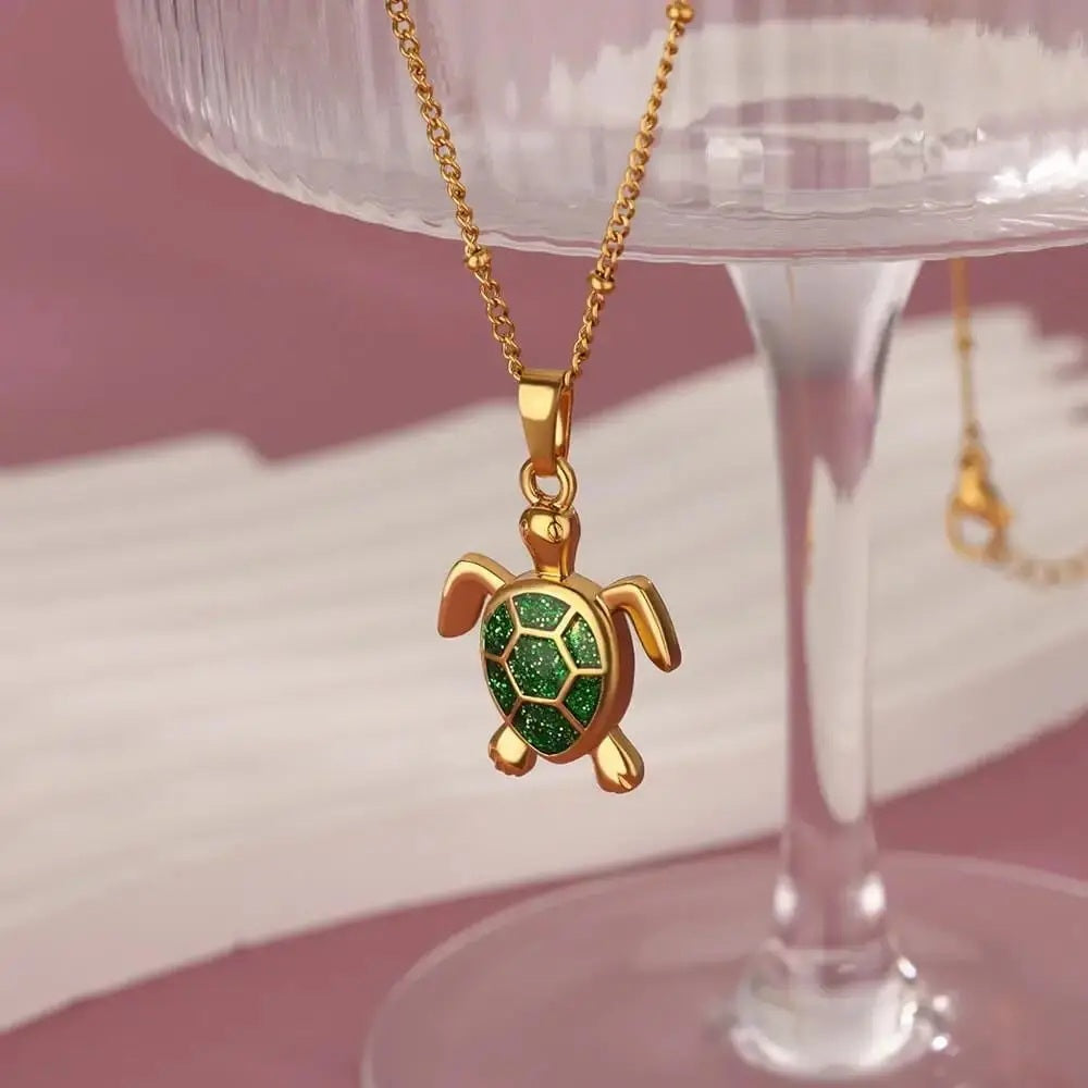 Unisex Gold Plated Opal Stone Cute Stainless Steel Turtle Pendant Chain Necklace