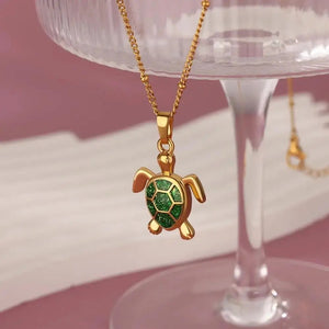 Unisex Gold Plated Opal Stone Cute Stainless Steel Turtle Pendant Chain Necklace
